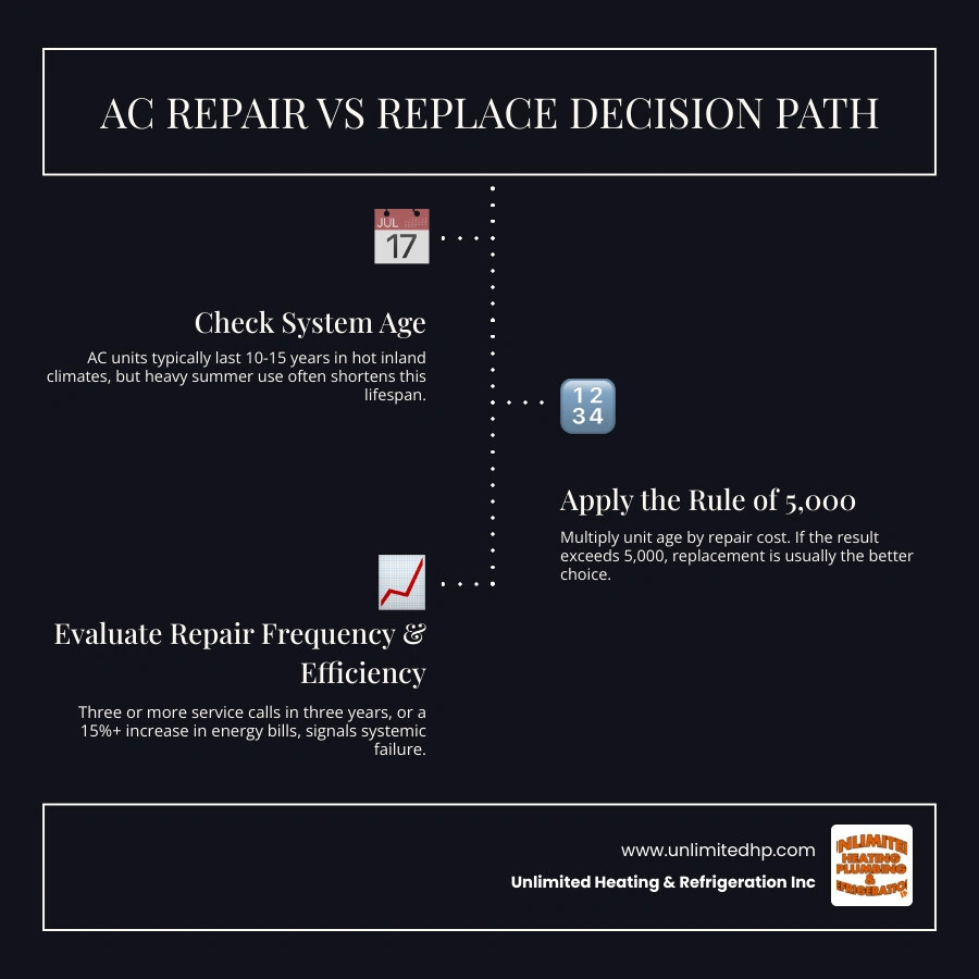 infographic showing AC repair vs replace decision path based on system age repair cost and climate factors infographic infographic showing AC repair vs replace decision path based on system age repair cost and climate factors infographic