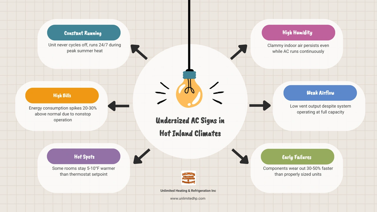 Infographic showing undersized AC signs in hot inland climates: constant running, hot spots, high humidity, high bills Infographic showing undersized AC signs in hot inland climates: constant running, hot spots, high humidity, high bills
