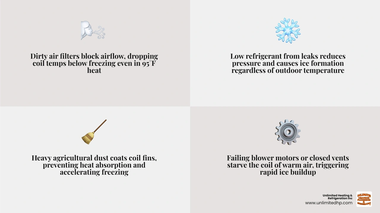Infographic showing 6 causes of frozen evaporator coils in hot dry climates with icons for each cause infographic Infographic showing 6 causes of frozen evaporator coils in hot dry climates with icons for each cause infographic