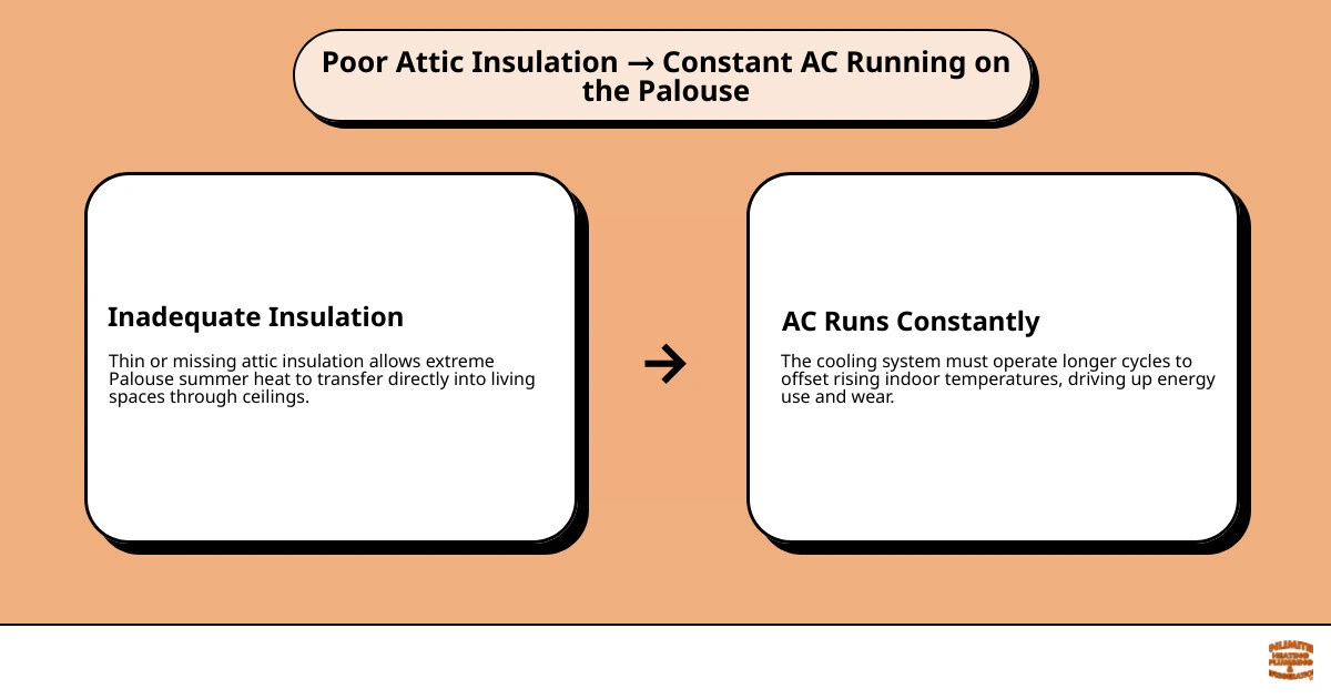 Infographic showing how attic heat transfer causes AC to run constantly on the Palouse infographic Infographic showing how attic heat transfer causes AC to run constantly on the Palouse infographic