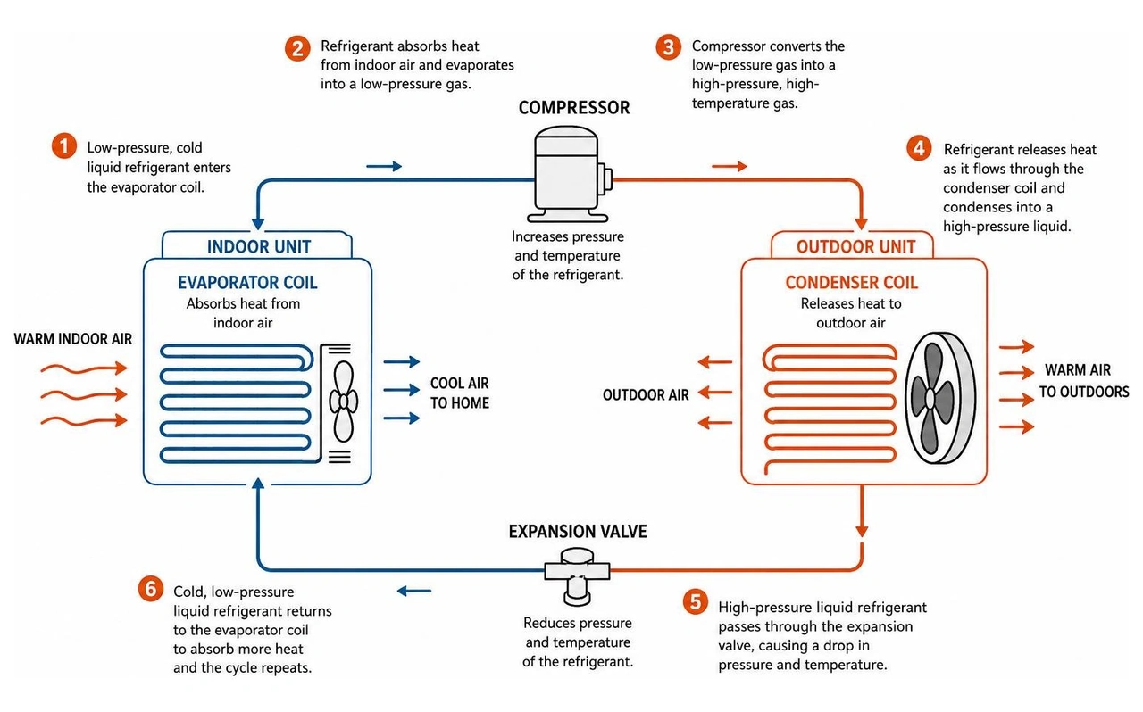The refrigeration cycle of a home air conditioning system The refrigeration cycle of a home air conditioning system