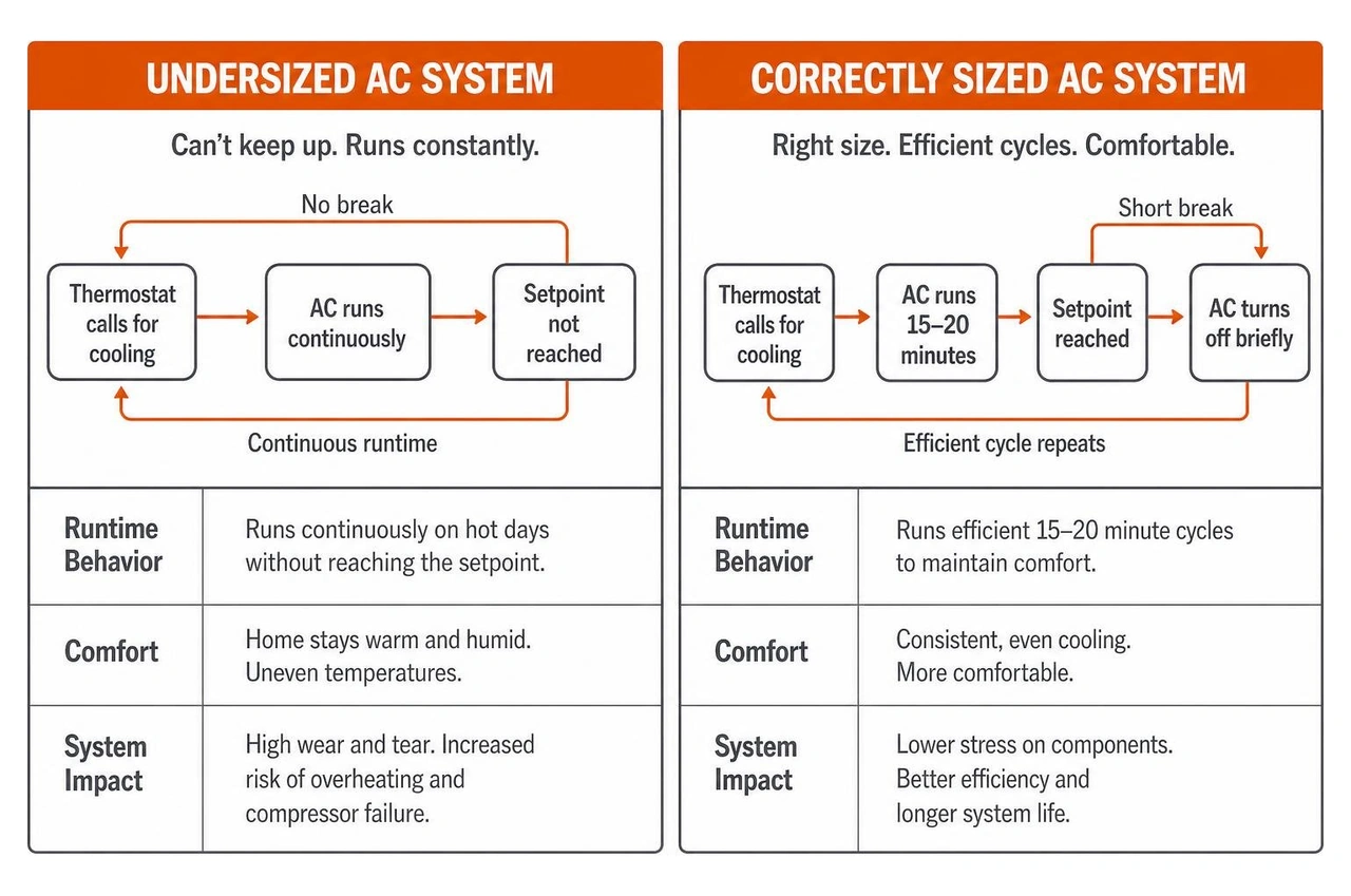 diagram comparing an undersized and correctly sized AC system diagram comparing an undersized and correctly sized AC system