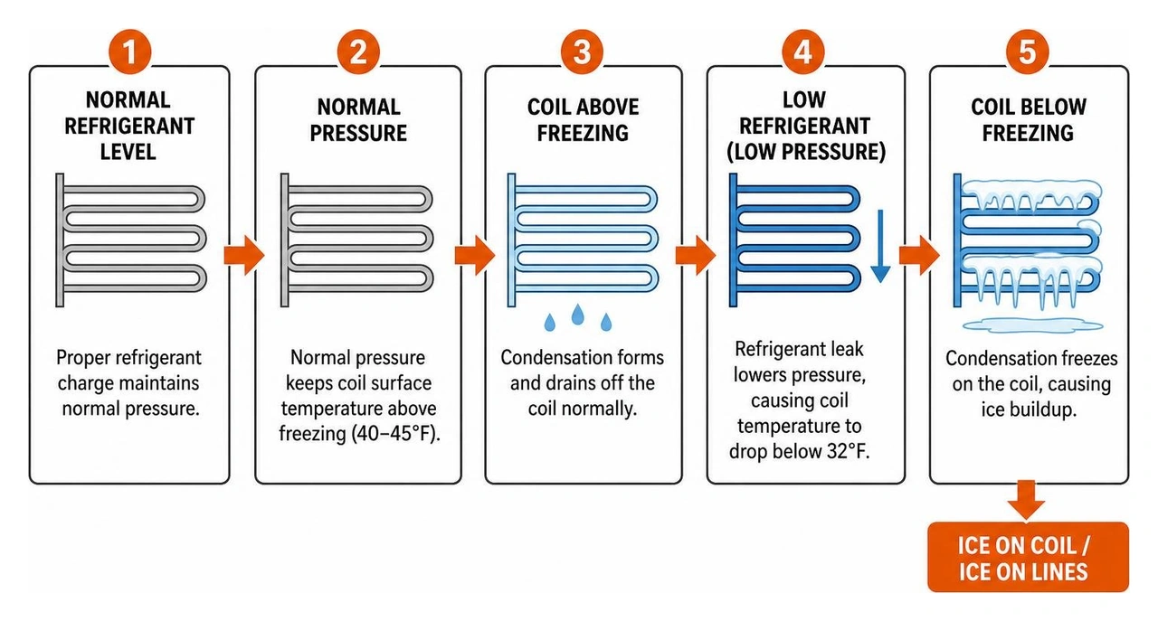 diagram showing how low refrigerant pressure drops the coil temperature below freezing, causing condensation to freeze into diagram showing how low refrigerant pressure drops the coil temperature below freezing, causing condensation to freeze into