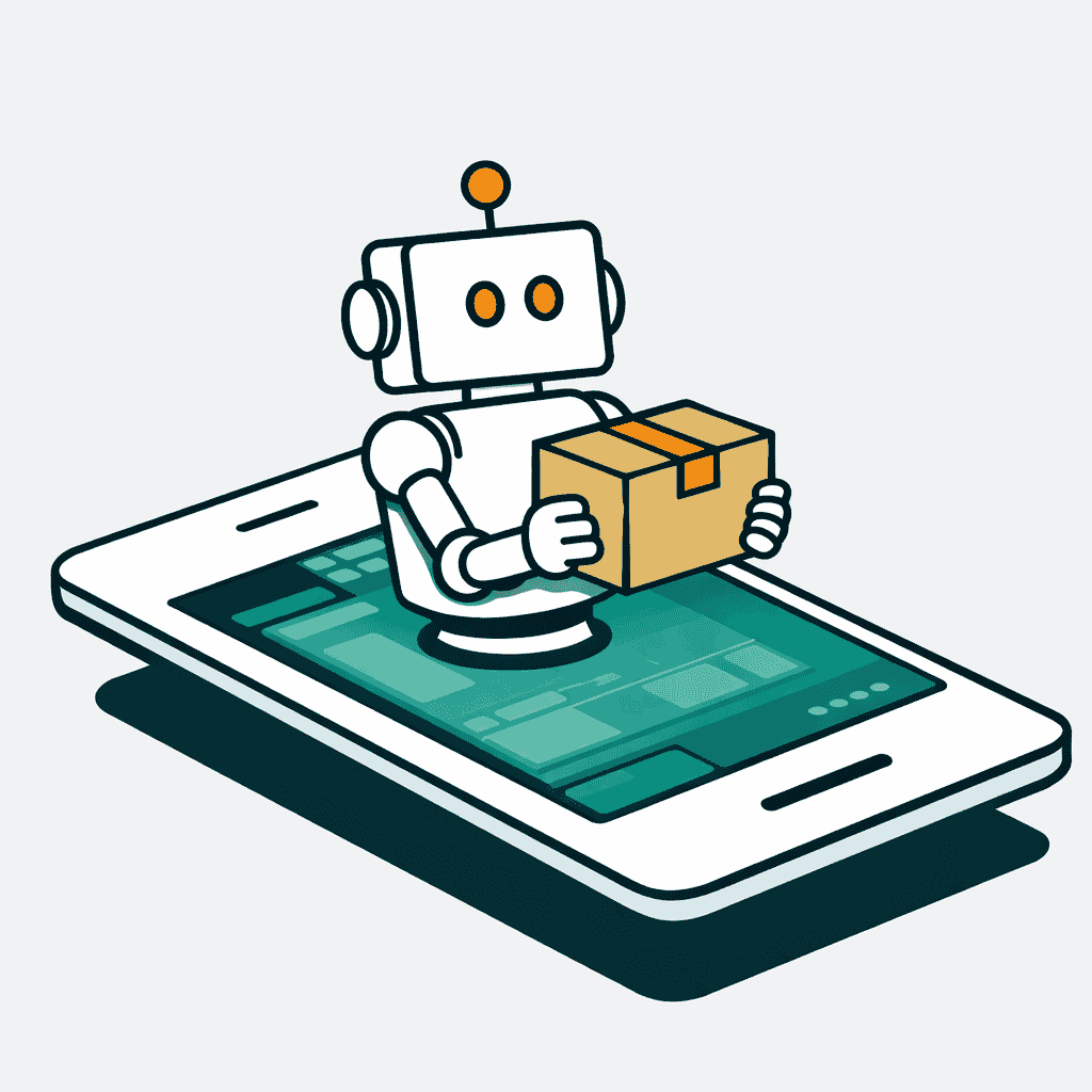 Illustration of an AI agent holding a delivery parcel within a structured digital interface, representing agentic commerce enabled by the Universal Commerce Protocol.