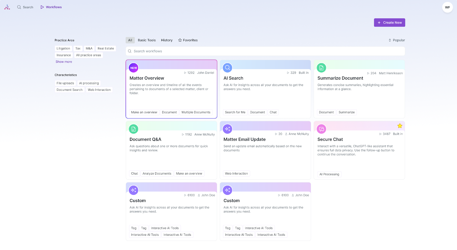Overview of select high value workflows, from built-in to custom-made showing a good filter set on the left