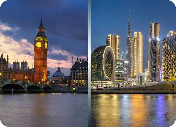 Panoramic view of London and Dubai skylines representing Amara’s international healthcare presence