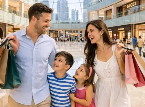 Happy family of four carrying shopping bags and smiling at each other inside a mall.