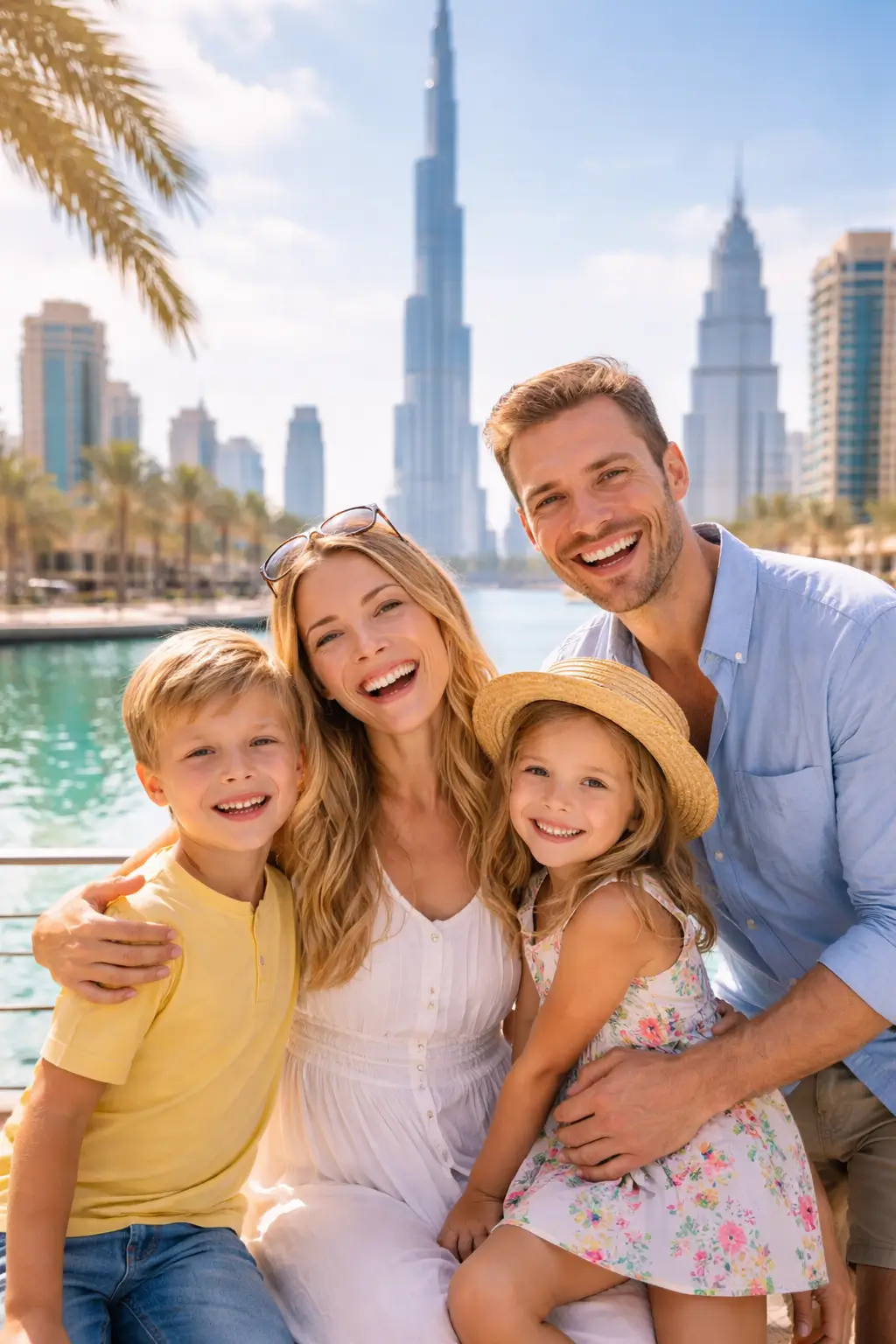 Smiling family of four posing outdoors near water with city skyline and Burj Khalifa in the background.