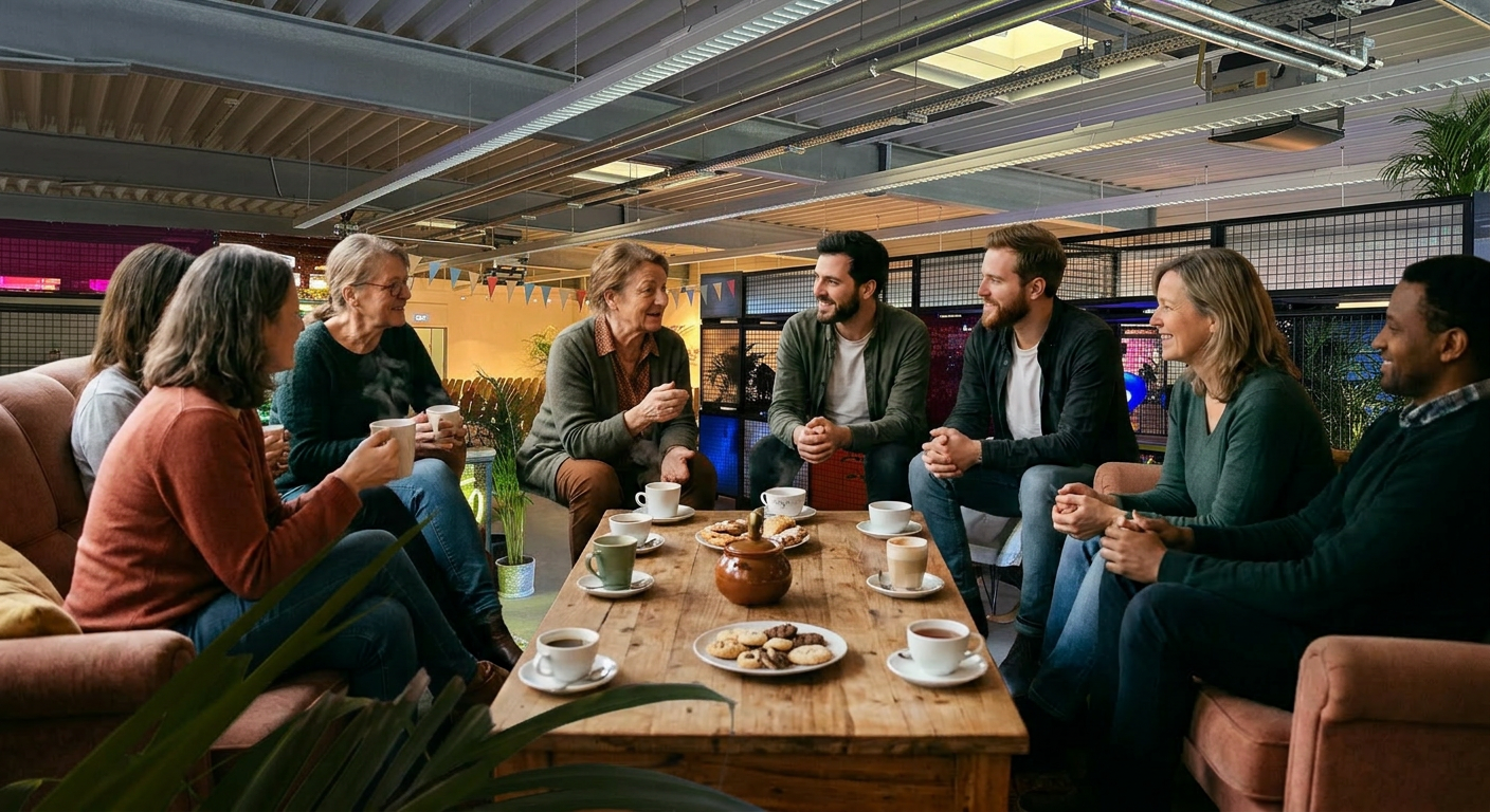 Offene Gesprächsrunde mit der Möglichkeit für Austausch und Begegnung. 