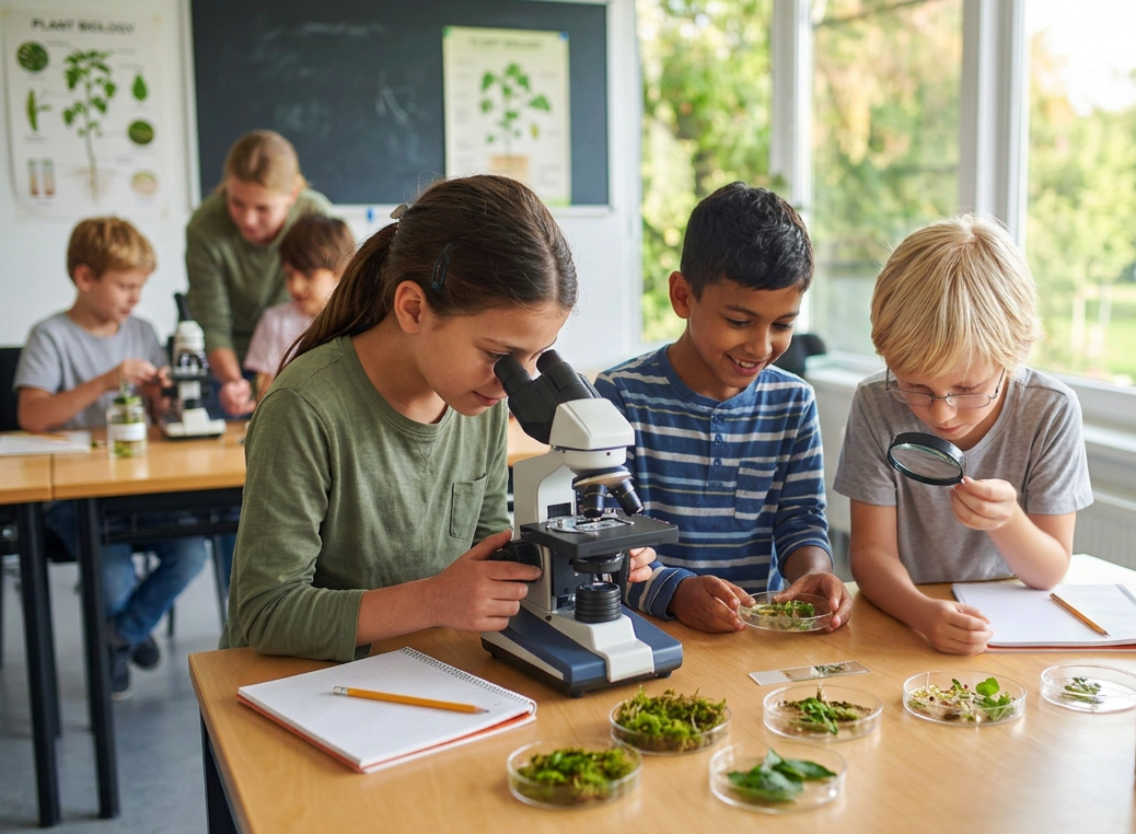 Kinder untersuchen Pflanzen unter dem Mikroskop.