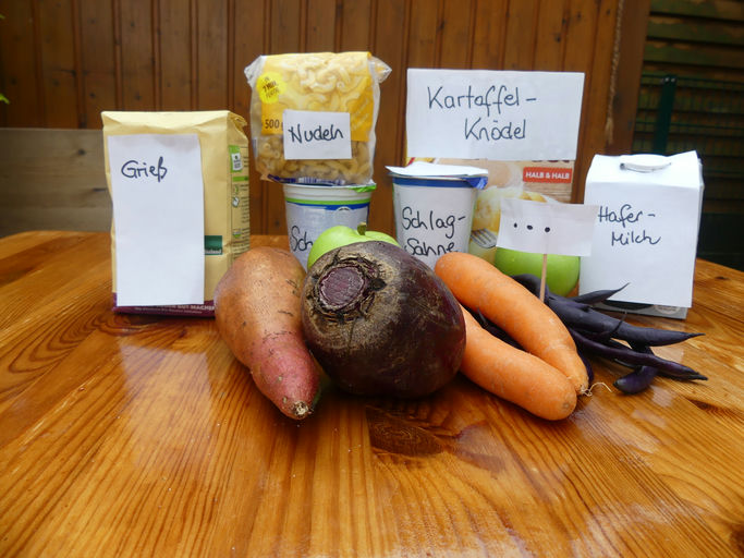 Griess-, Nudel- und Kartoffelknödelpackung, Schlagsahne, Hafermilch und Gemüse auf einem Tisch, jeweils mit weissem Zettel beschriftet.