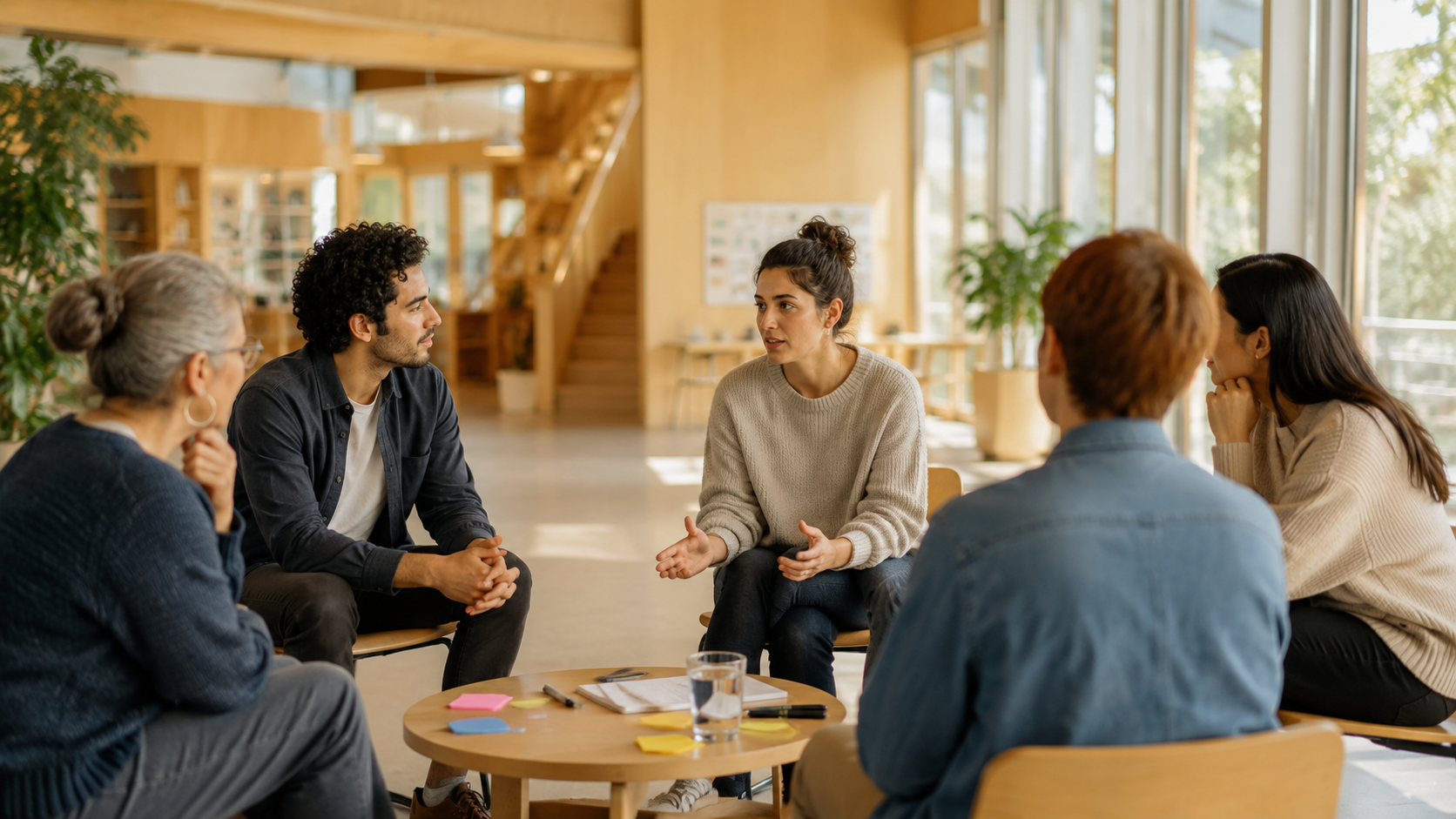 Eine Gruppe jüngerer und älterer Menschen diskutieren im Kreis