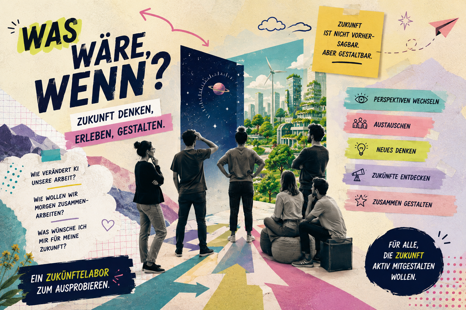 Eine Collage mit jungen Menschen, die in die Zukunft schauen