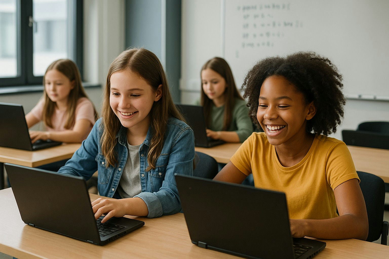Mädchen sitzen vor Laptops in einem Klassenraum