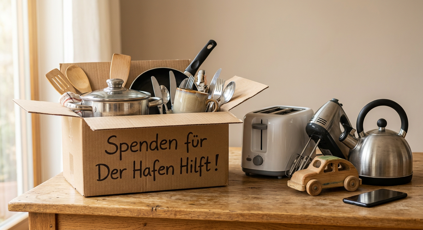 Verschiedene Küchenutensilien in einer Kiste mit der Aufschrift "Der Hafen Hilft!" auf einem Holztisch, daneben einen Toaster, ein Mixer und ein Wasserkocher