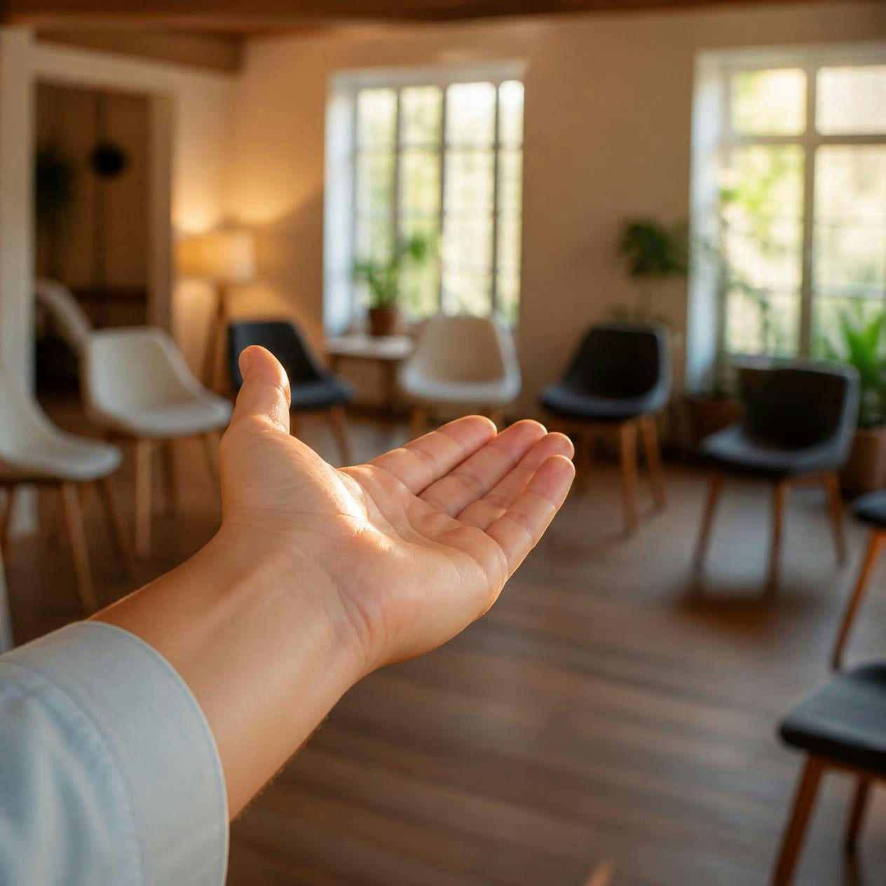 Eine Hand, die in einen Raum hineinreicht.