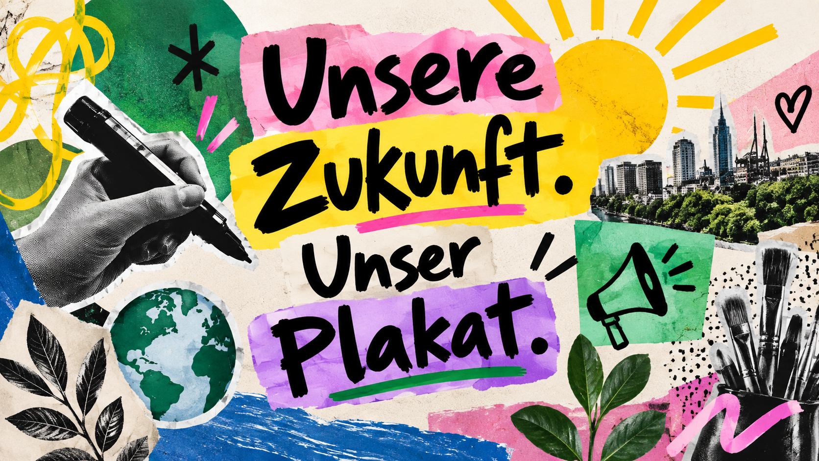 Grafik Unsere Zukunft Unser Plakat mit Kollage aus Zeichnungen und Fotos