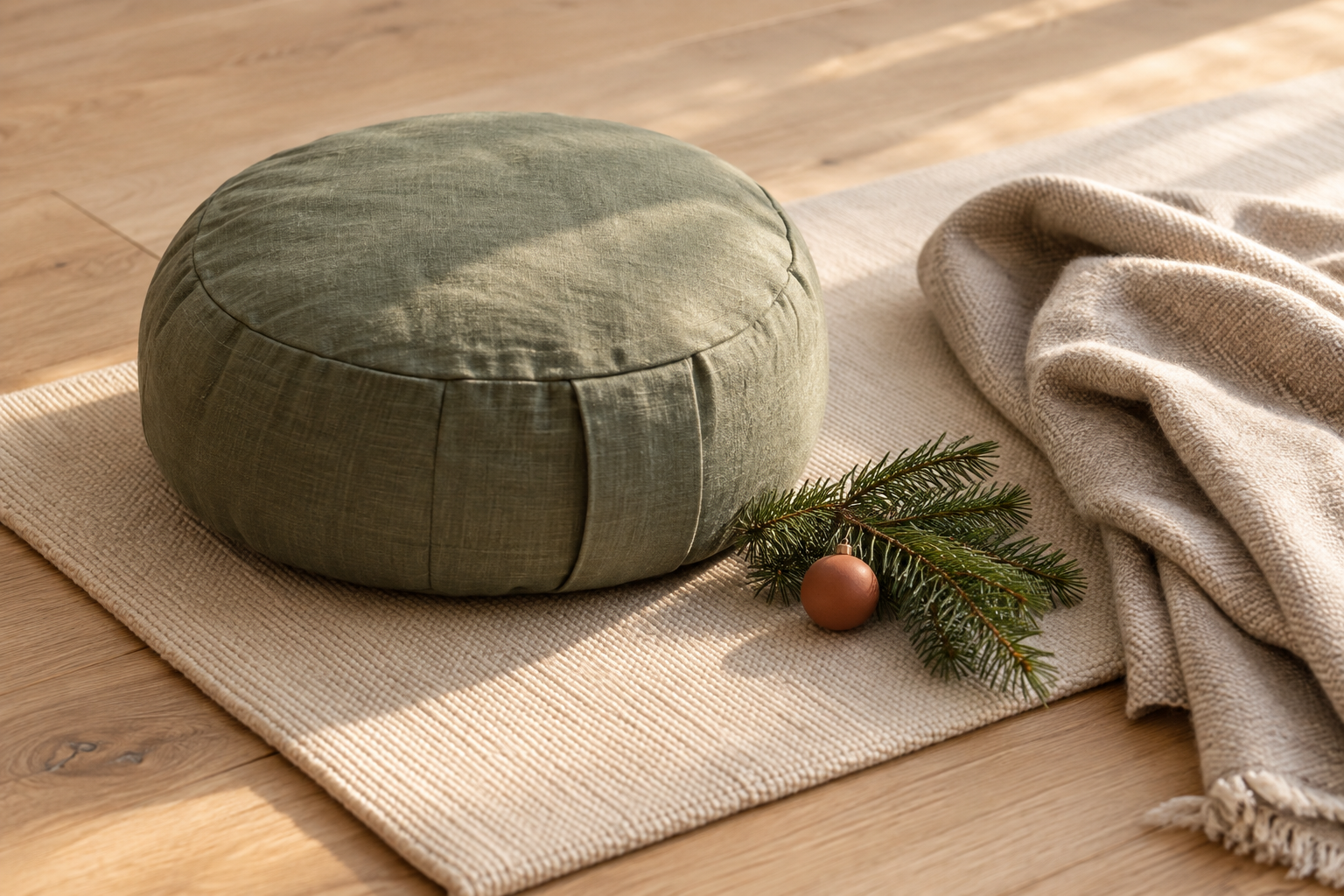 Bild von einem Meditationskissenund einer Decke mit kleinem Tannenzweig