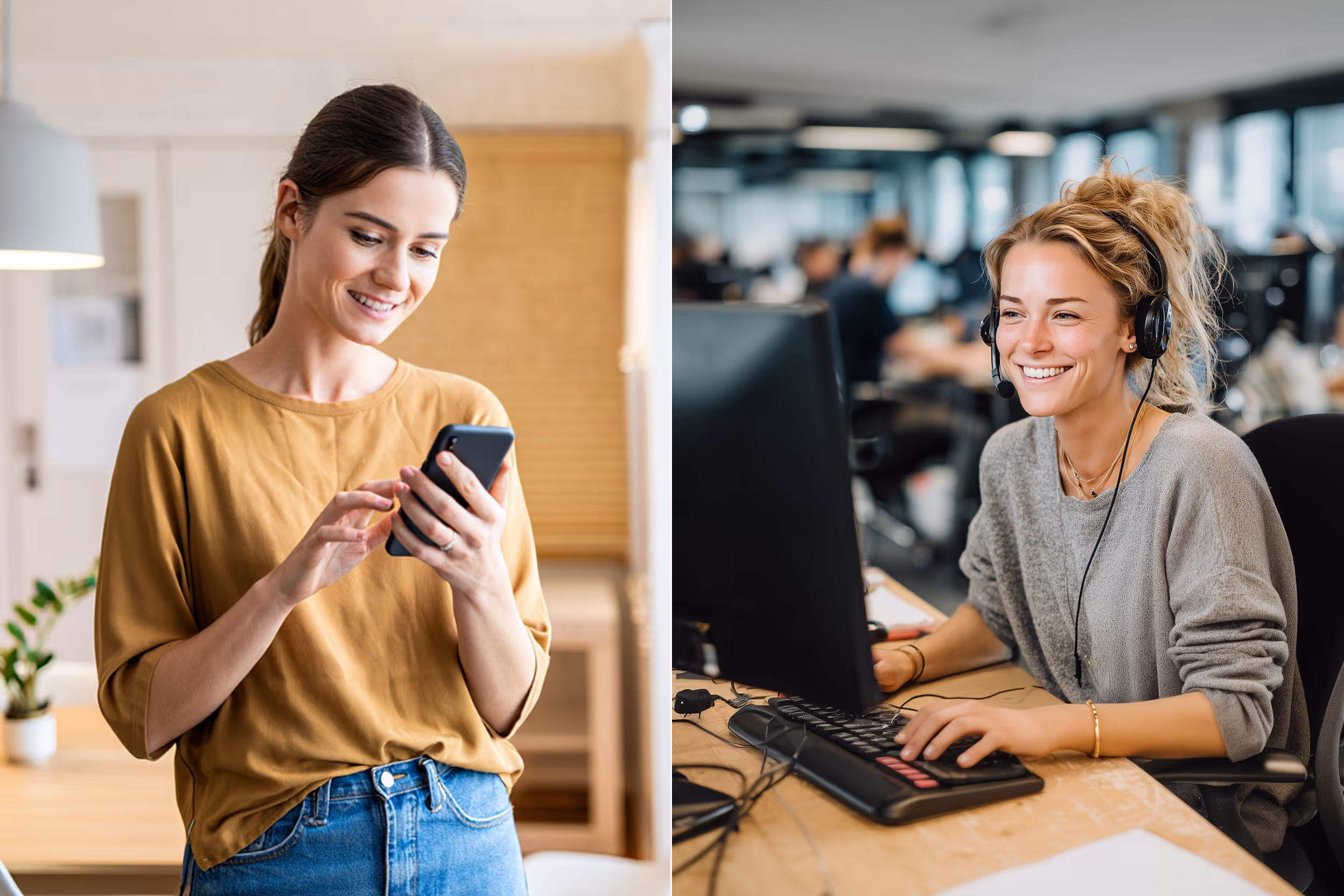 Split image showing a seamless customer intake process. On the left, a smiling woman in a casual outfit uses her smartphone in a bright, home-like setting. On the right, a cheerful customer support agent wearing a headset works at a computer in a modern office environment. Both individuals appear engaged and satisfied, symbolizing efficient and user-friendly digital interactions.