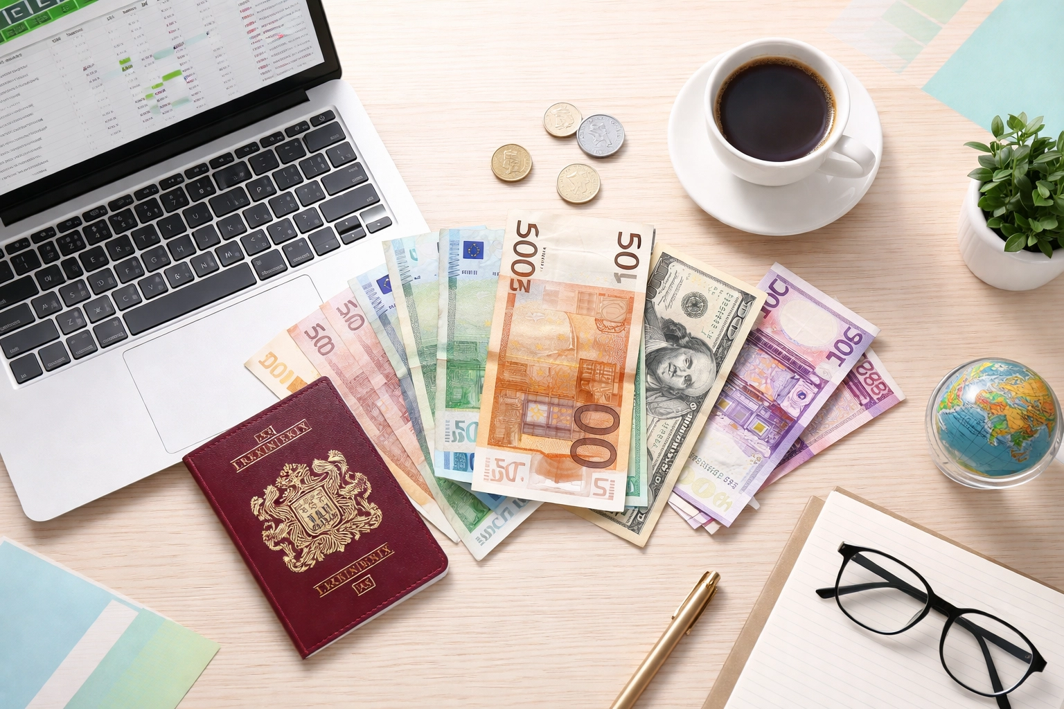 Flat lay of international money, UK passport, and laptop showing tax documents, symbolizing foreign income for UK expats