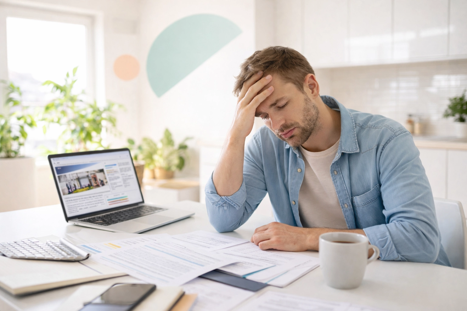 Stressed expat surrounded by paperwork at kitchen table, realising missed UK rental income tax obligations