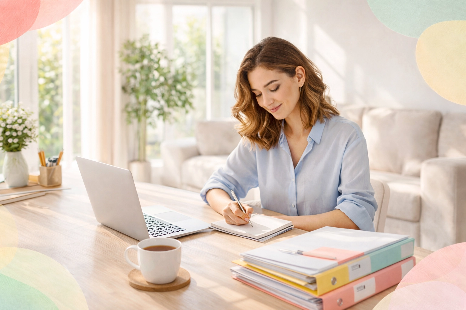 Calm expat organising tax documents at bright home office, illustrating voluntary disclosure support