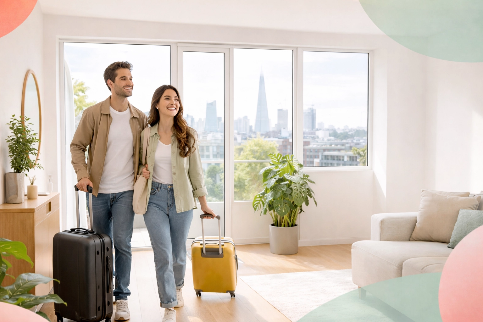 Young couple arriving at a London apartment with suitcases, representing new UK arrivals and FIG tax relief
