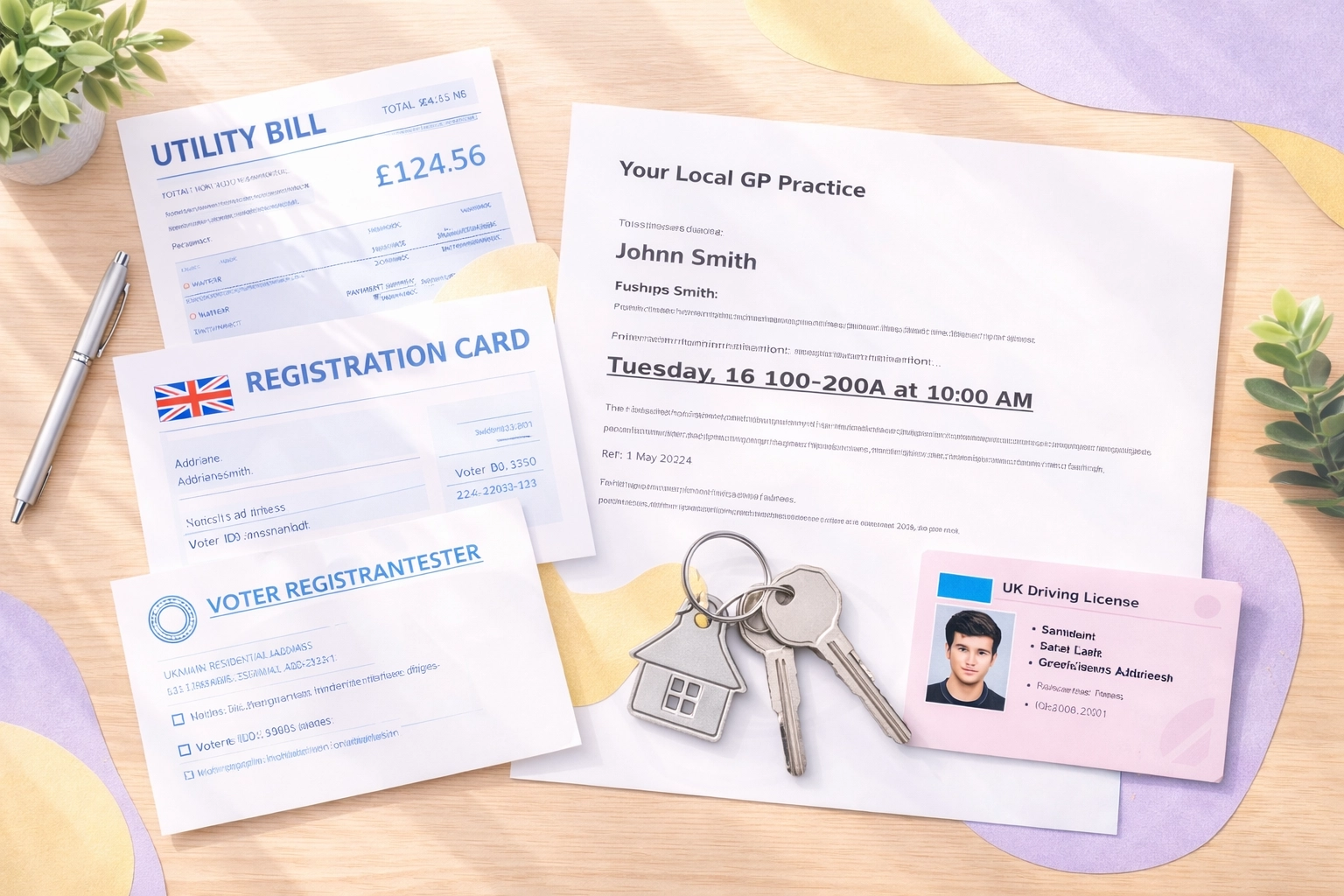 Overhead view of UK residency documents and house keys, showing proof of main residence for expat tax