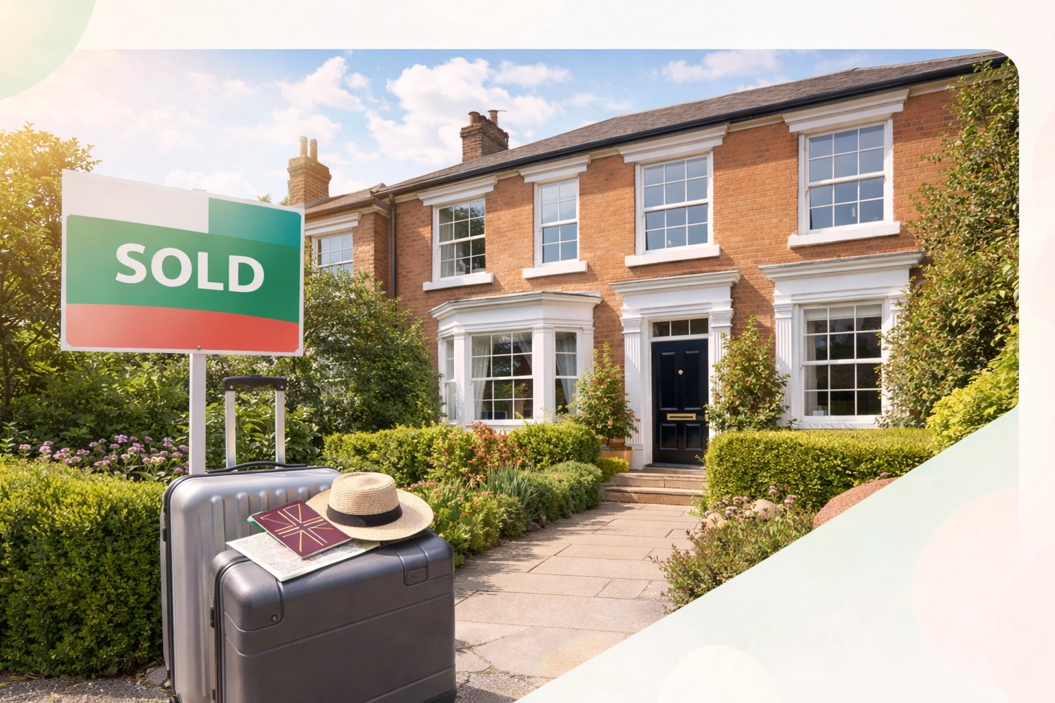 British townhouse with SOLD sign and suitcase, illustrating expat selling UK home and Capital Gains Tax relief