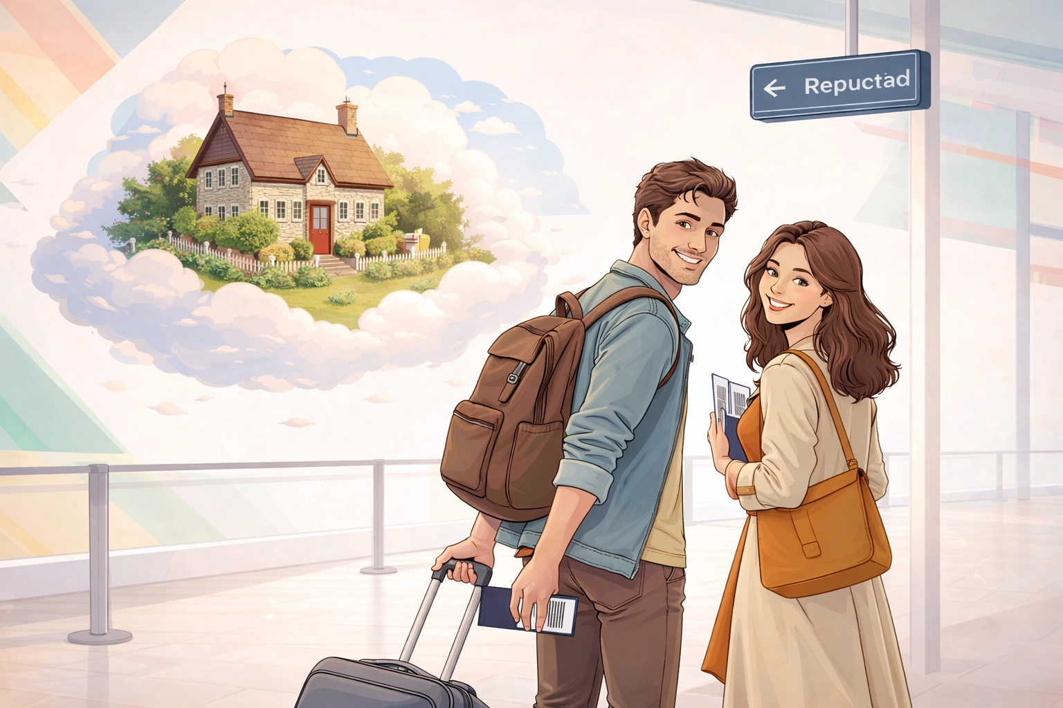 Illustration of expat couple at airport with British home in cloud, symbolising overseas move and UK CGT rules