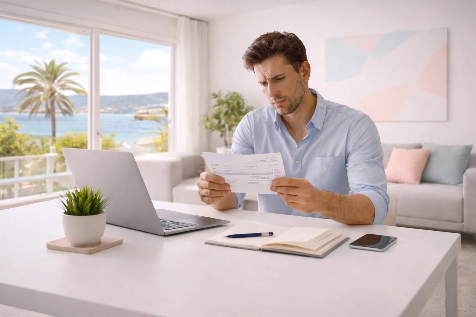 Frustrated expat remote worker reviewing UK payslip at a modern home office abroad, highlighting PAYE confusion.