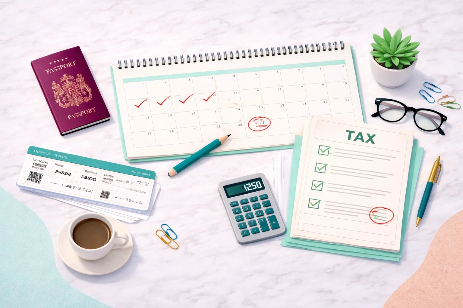 Flat-lay of UK passport, travel, and tax forms illustrating the paperwork needed to prove non-residence status.