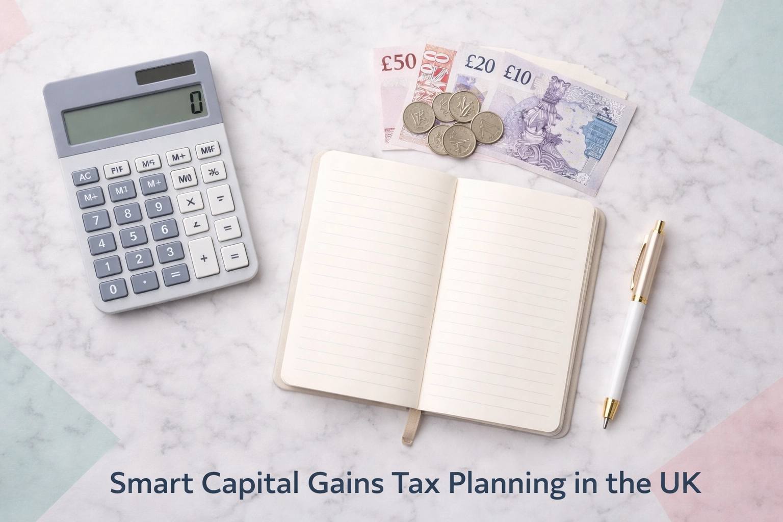 Flat lay of calculator, British pounds, and notebook, highlighting smart capital gains tax planning in the UK.