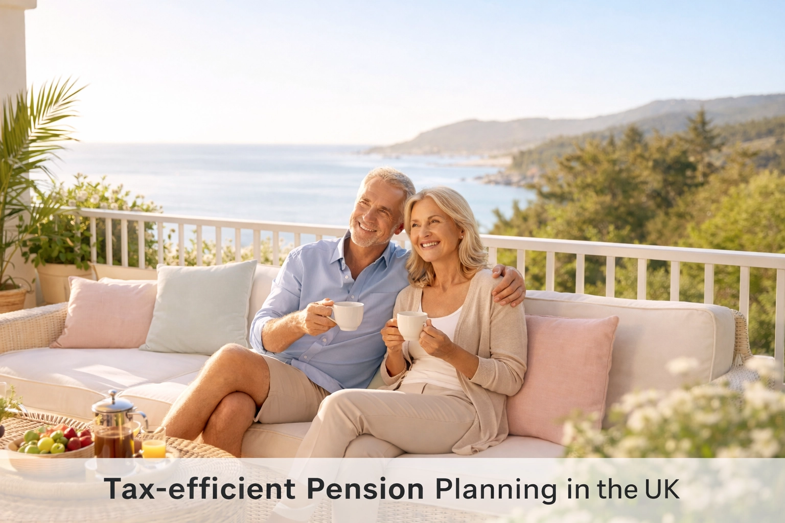 Happy retired couple enjoying coffee on a terrace, illustrating tax-efficient pension planning in the UK.