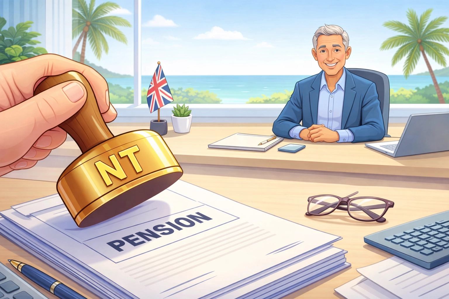 Golden NT stamp on pension documents with UK and palm tree background, showing tax-free UK pension process.