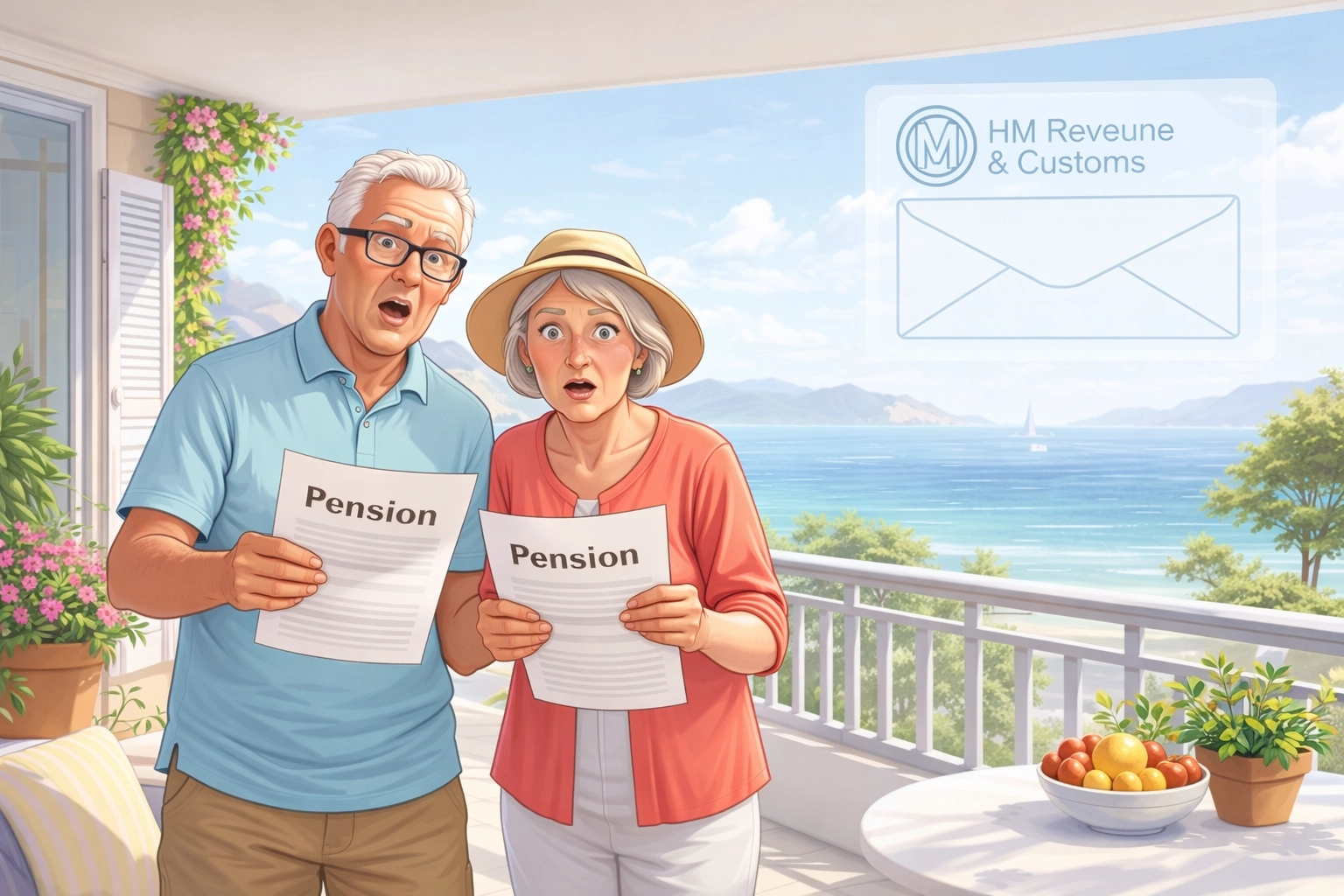 Retired British couple on a sunny balcony holding pension documents, highlighting UK pension tax abroad.