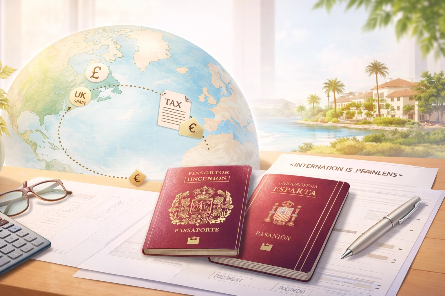 UK and Spanish passports with pension papers, illustrating double taxation and expat tax planning.