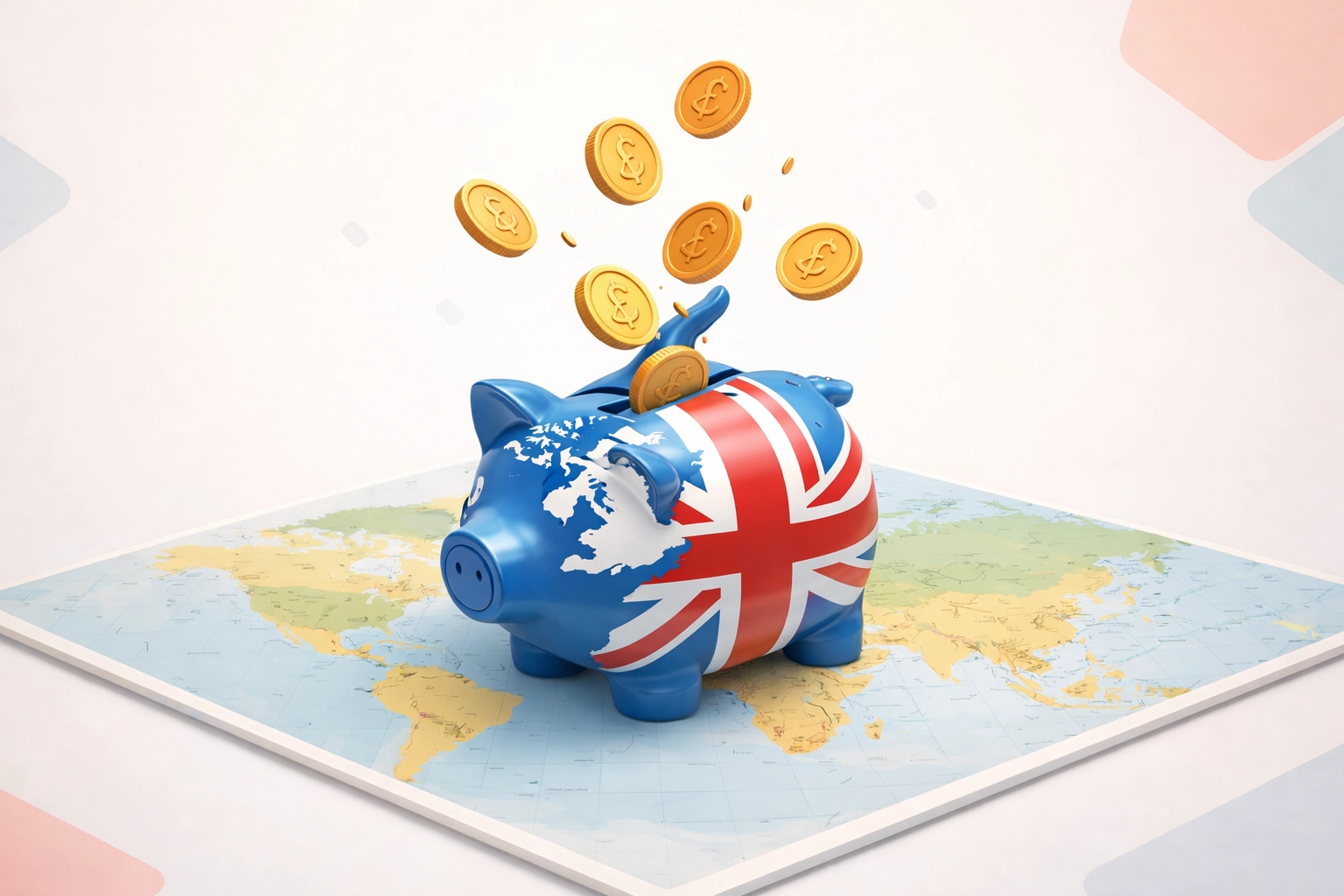 UK piggy bank with floating coins on world map illustrating National Insurance gaps for expats