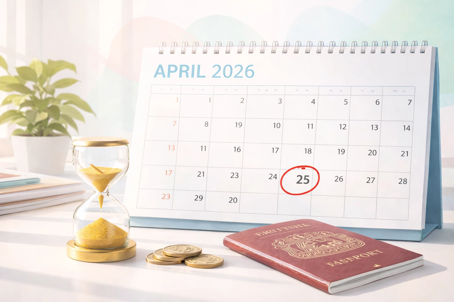 Calendar marked April 2026 with hourglass and passport representing key deadline for expat National Insurance changes