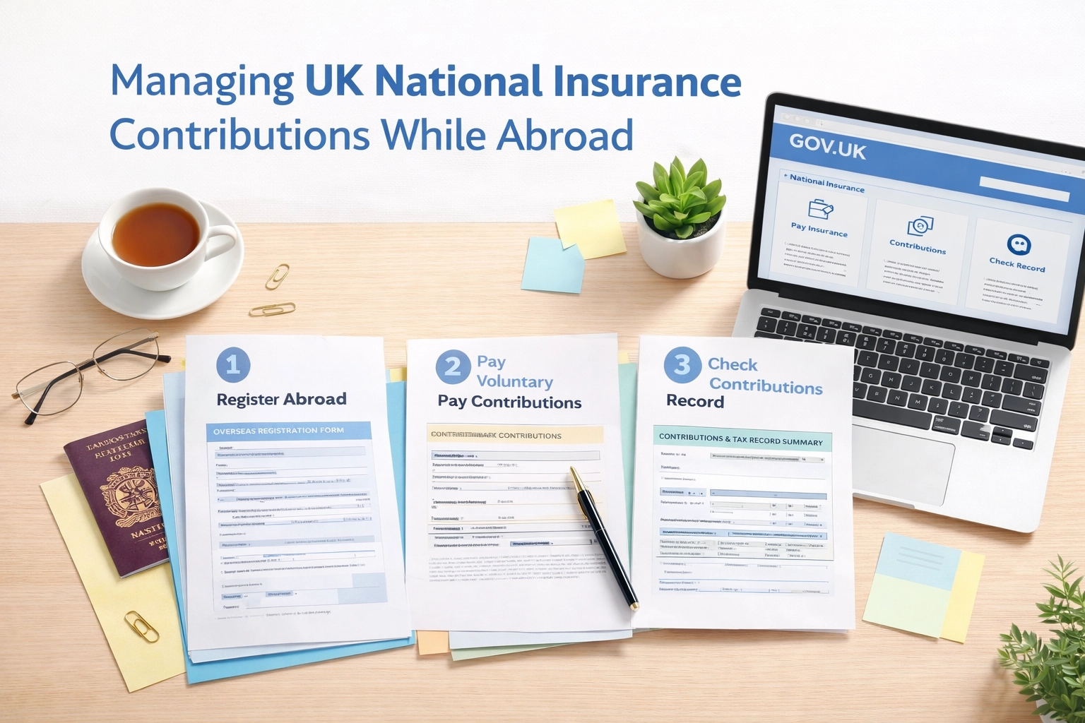 Desk with paperwork, laptop, and tea showing steps to manage UK National Insurance contributions abroad