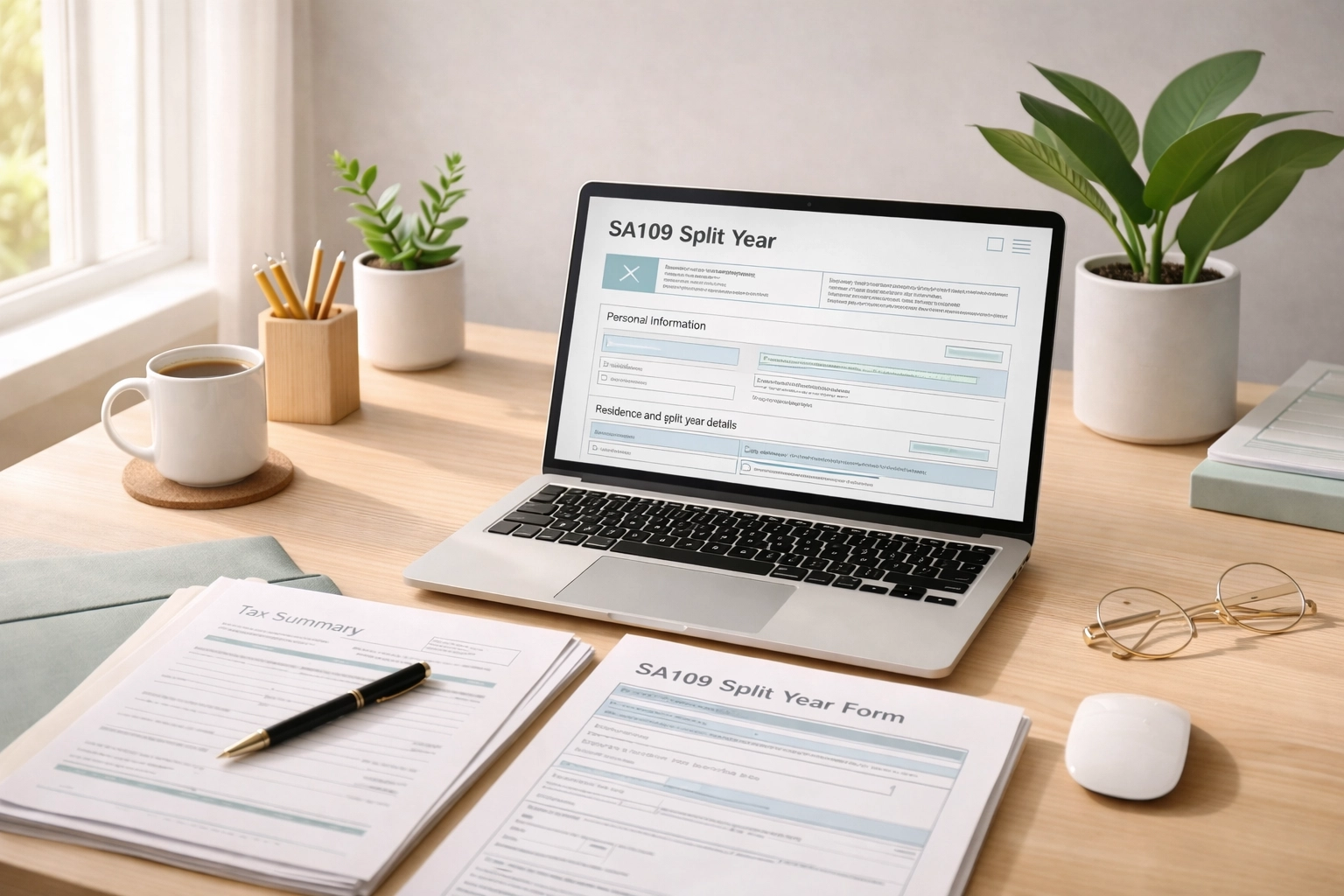 Photo of a home office desk with tax documents and laptop, depicting how to file the SA109 split-year form.