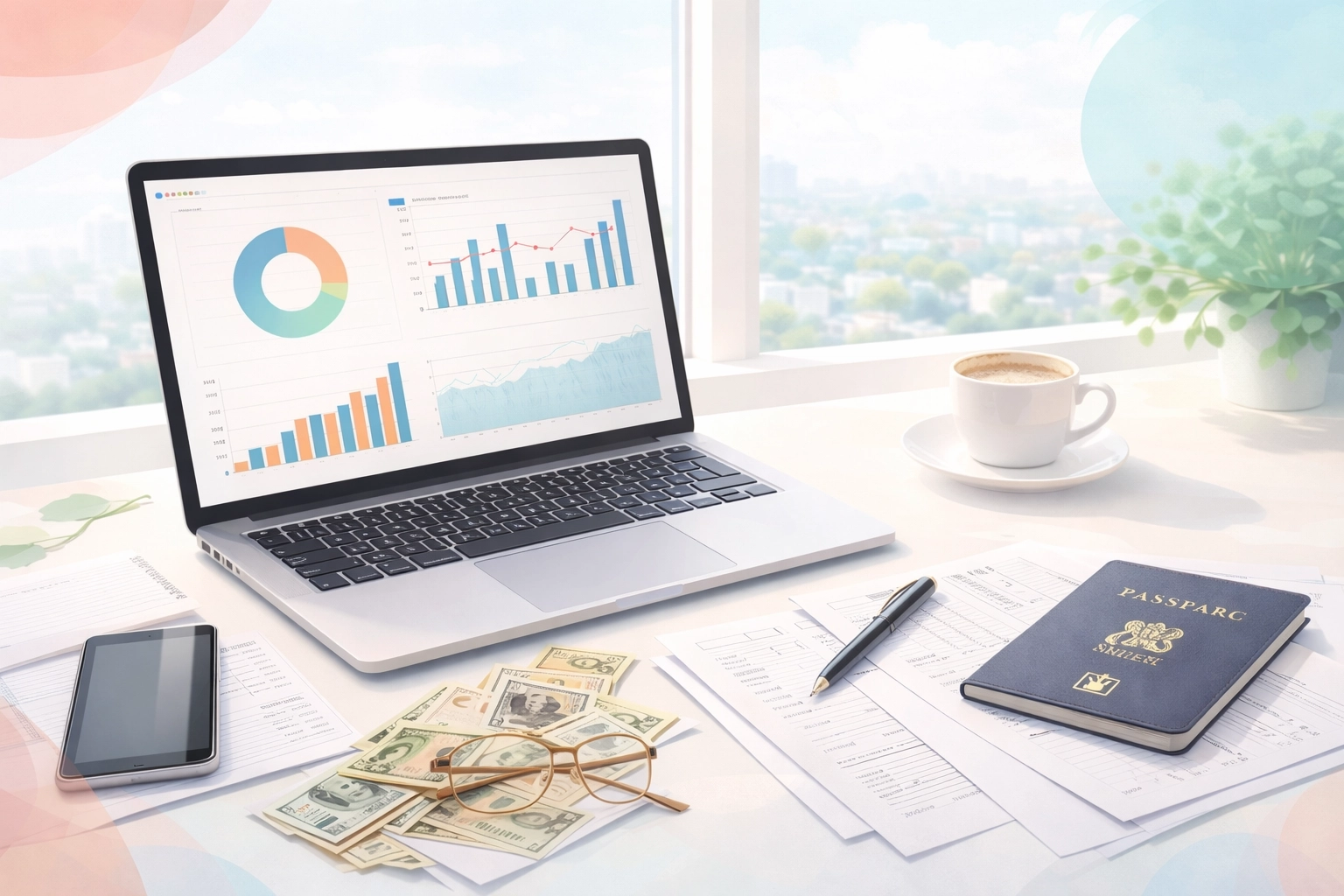 Modern workspace with financial documents and a laptop, highlighting UK expat tax planning and foreign income.