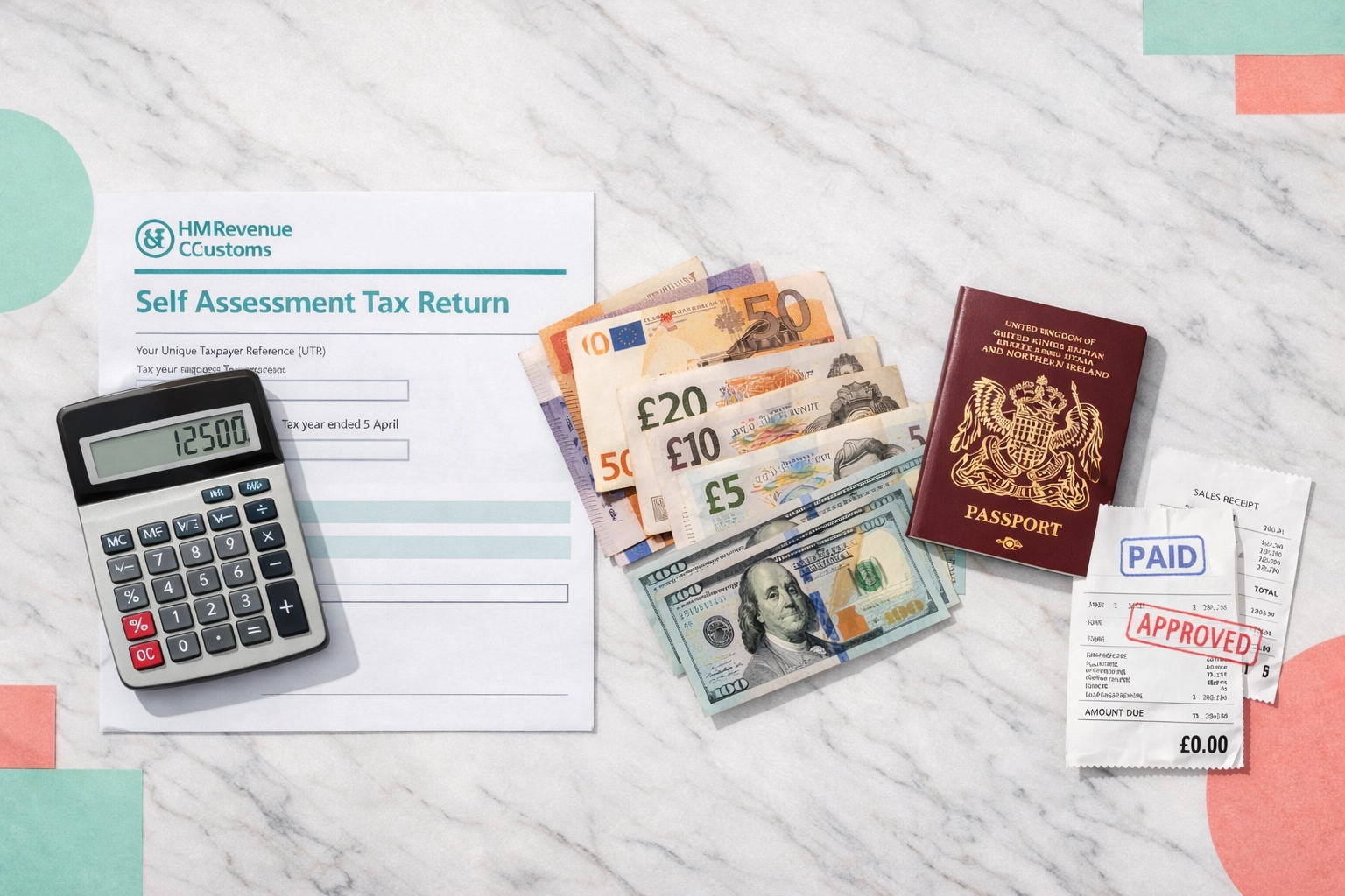 UK tax form with passport and foreign currency for claiming foreign tax credit relief