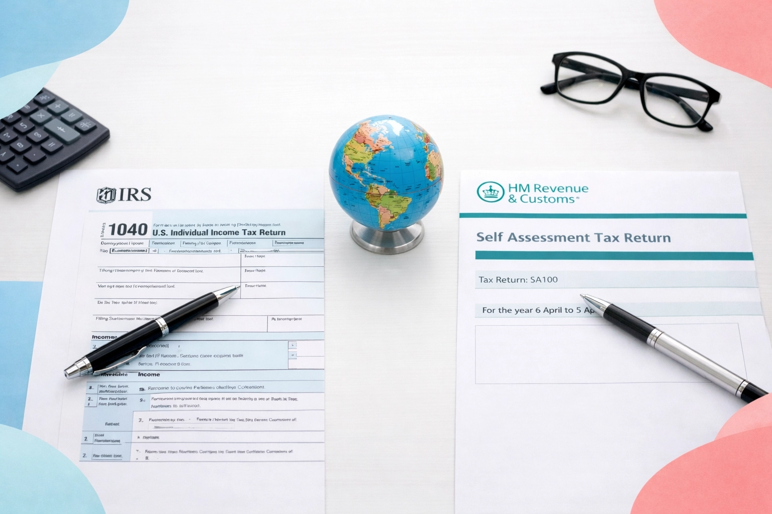 US Form 1040 and UK Self Assessment tax forms side by side showing dual tax filing requirements