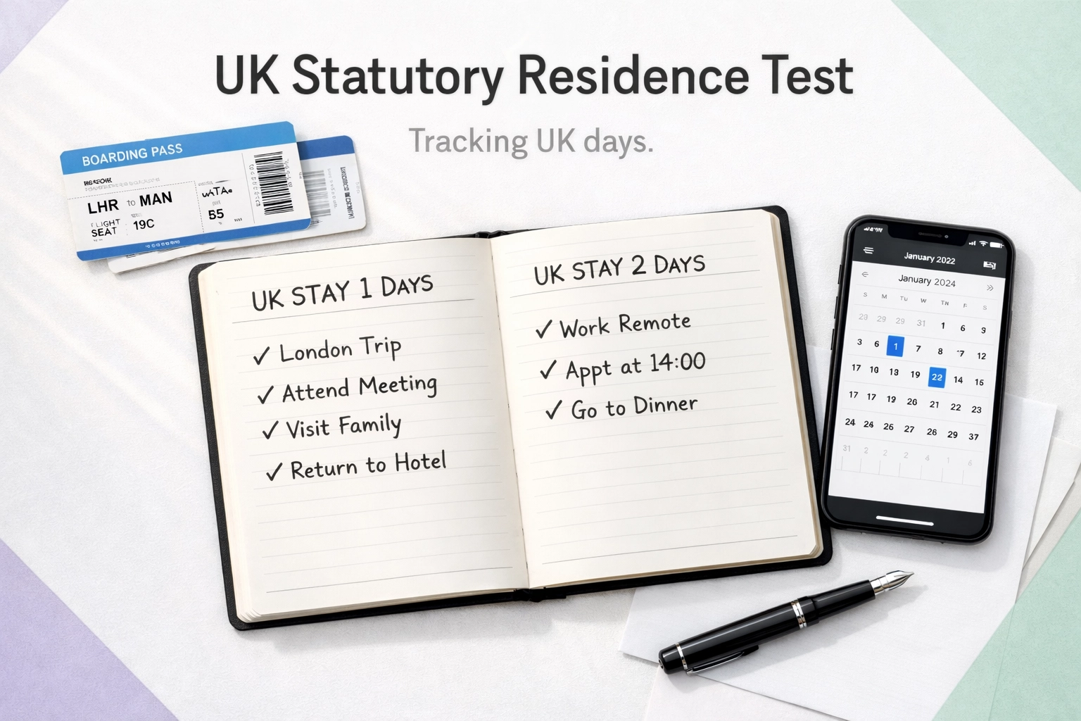 Travel planner and boarding passes for tracking UK days under statutory residence test