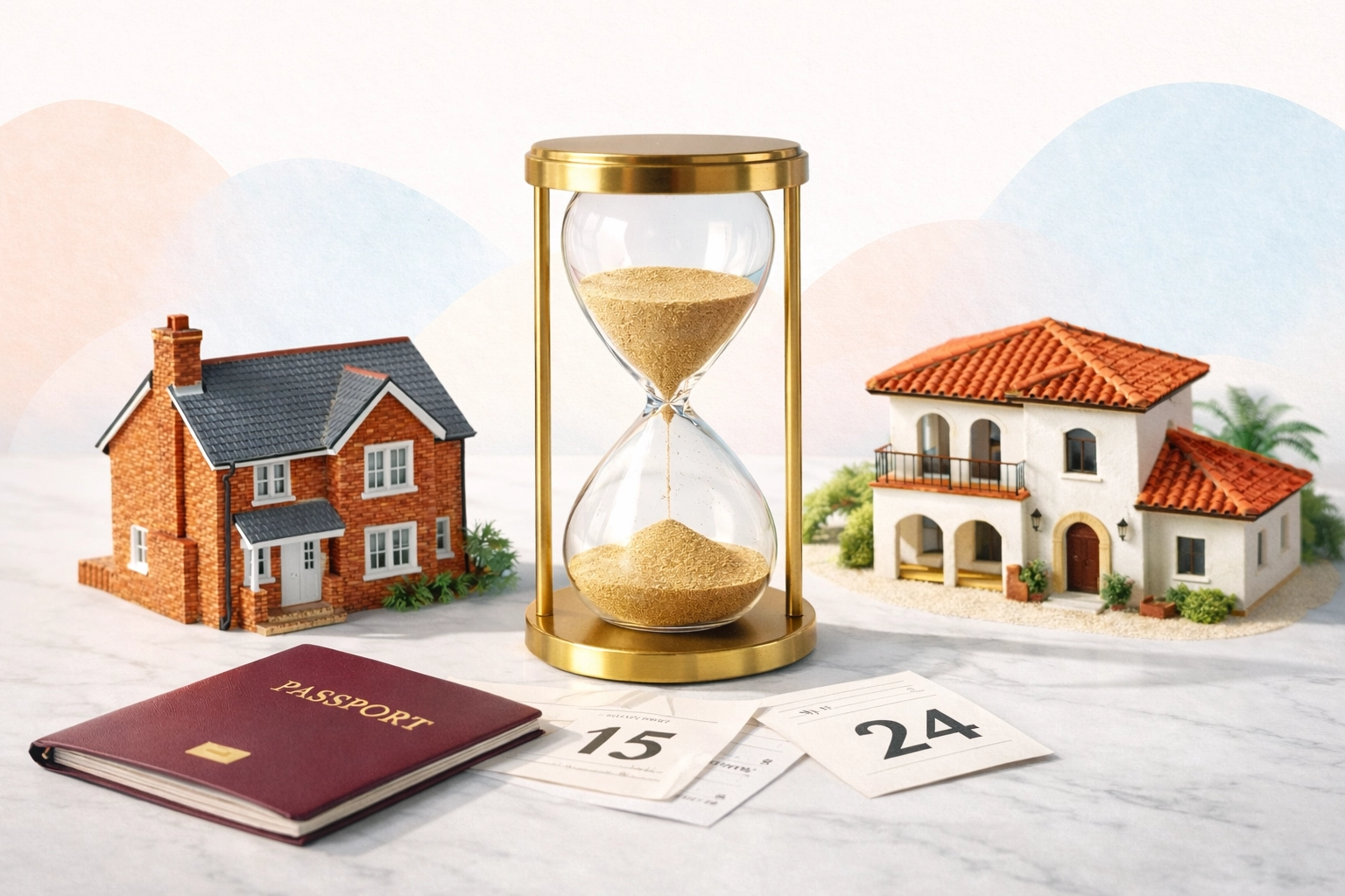 UK and overseas homes with hourglass illustrating timing trap in residence planning