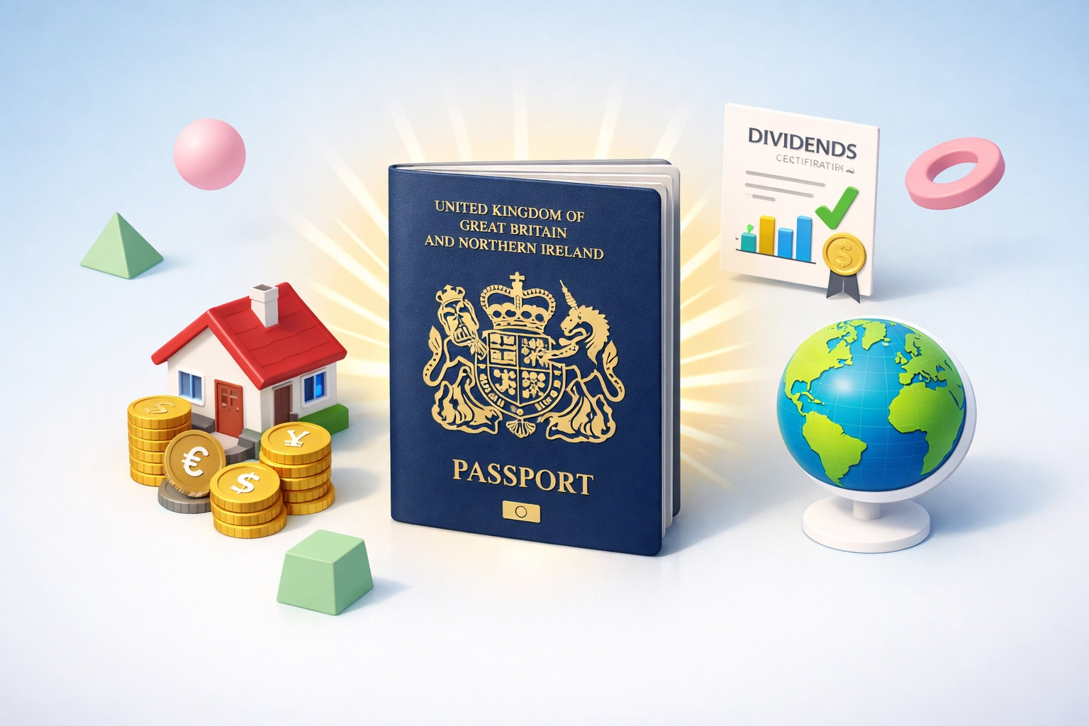UK passport surrounded by foreign income sources including property, dividends, and international currencies