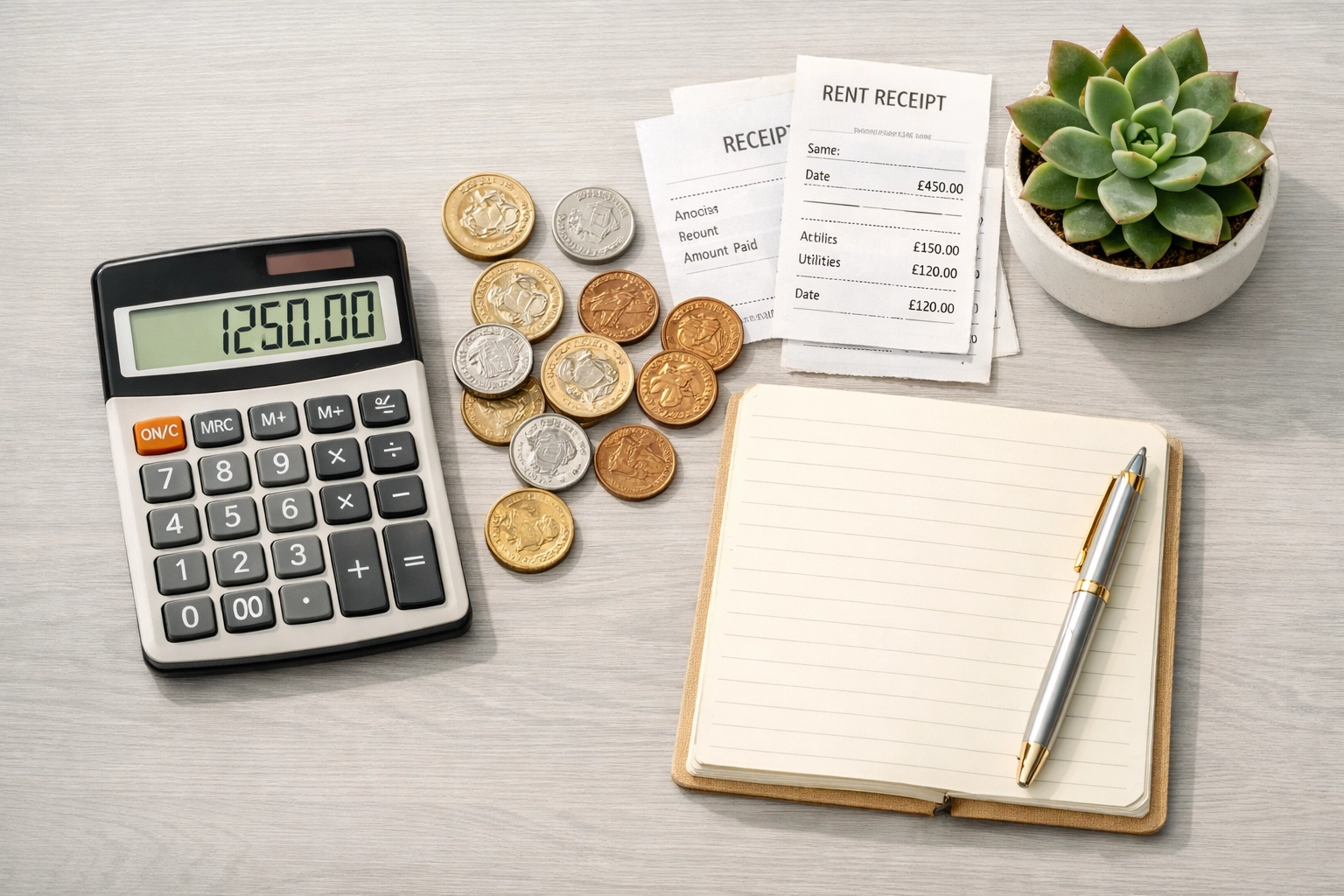 Calculator and receipts on desk for tracking UK rental property expenses