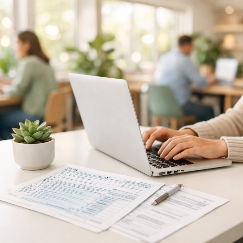 Remote worker completing UK tax forms and P85 documentation in coworking space