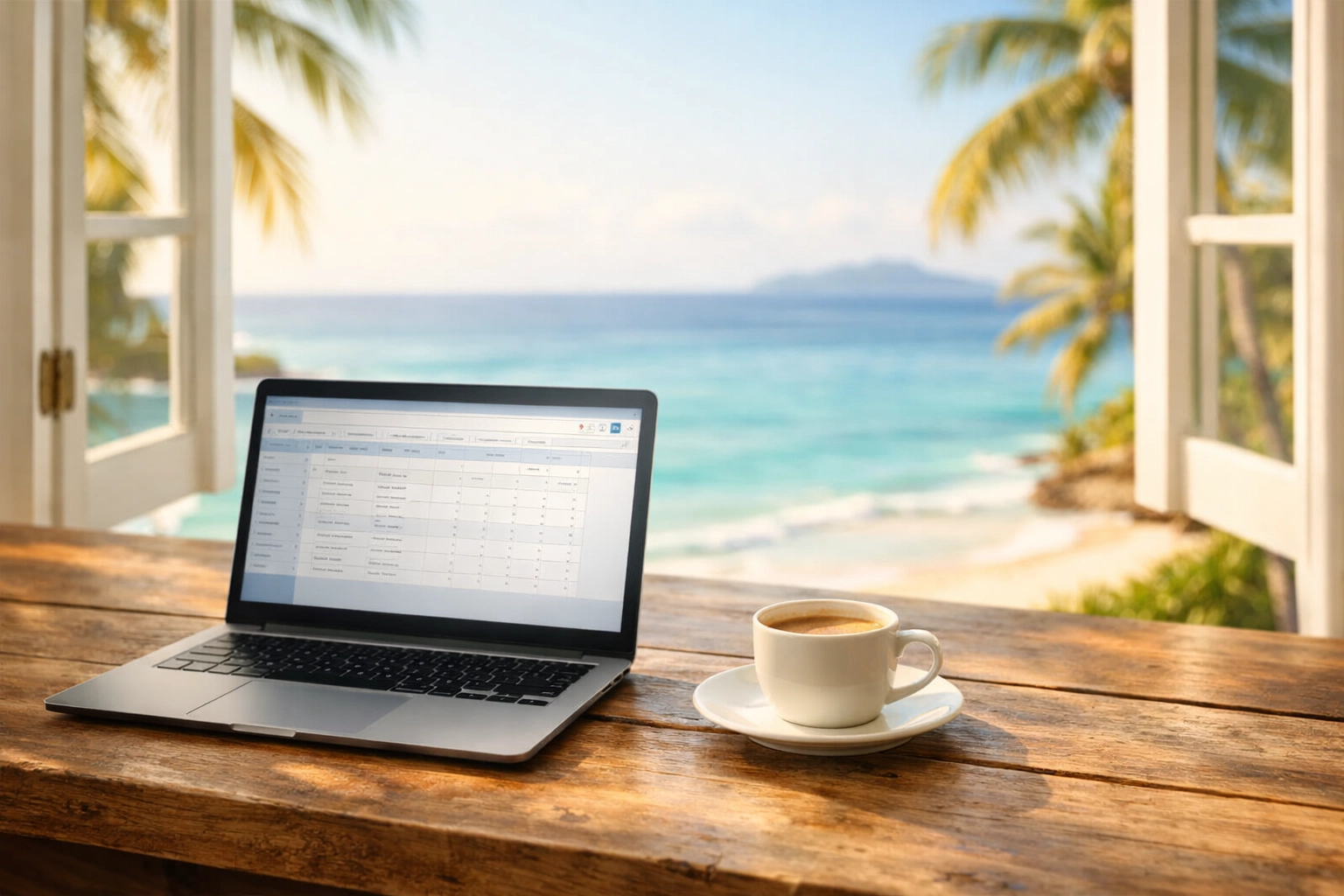 Digital nomad working remotely for UK company from tropical beach location